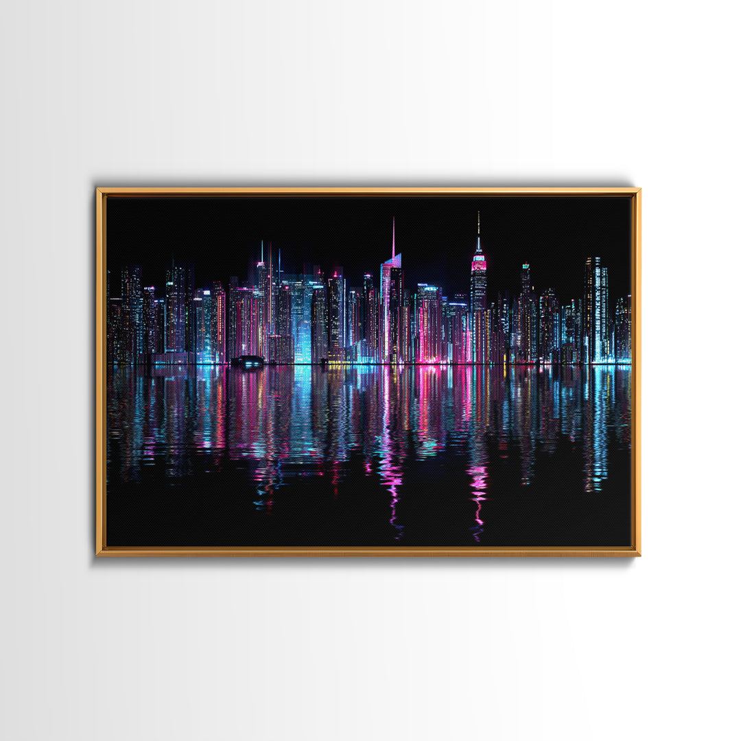Neon Skyline Reflected Framed Canvas Print, Cyberpunk Art, Man Cave Decor, Living Room Decor, Fine Art, Neon, Fine Art Print, CYB-3x2-74