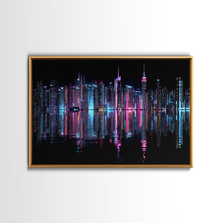 Neon Skyline Reflected Framed Canvas Print, Cyberpunk Art, Man Cave Decor, Living Room Decor, Fine Art, Neon, Fine Art Print, CYB-3x2-74