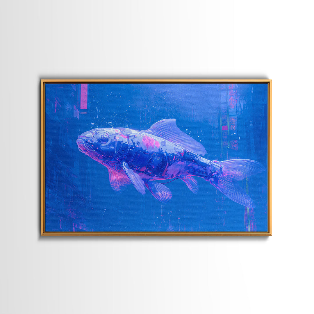 Cyberpunk Koi Swimming Through Electric Blue Water Framed Canvas Print, Cyberpunk Art, Fine Art Print, Living Room Decor, Neon, CYB-3x2-81