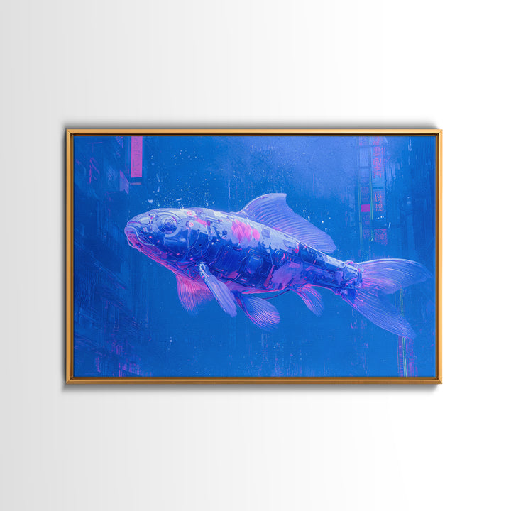 Cyberpunk Koi Swimming Through Electric Blue Water Framed Canvas Print, Cyberpunk Art, Fine Art Print, Living Room Decor, Neon, CYB-3x2-81