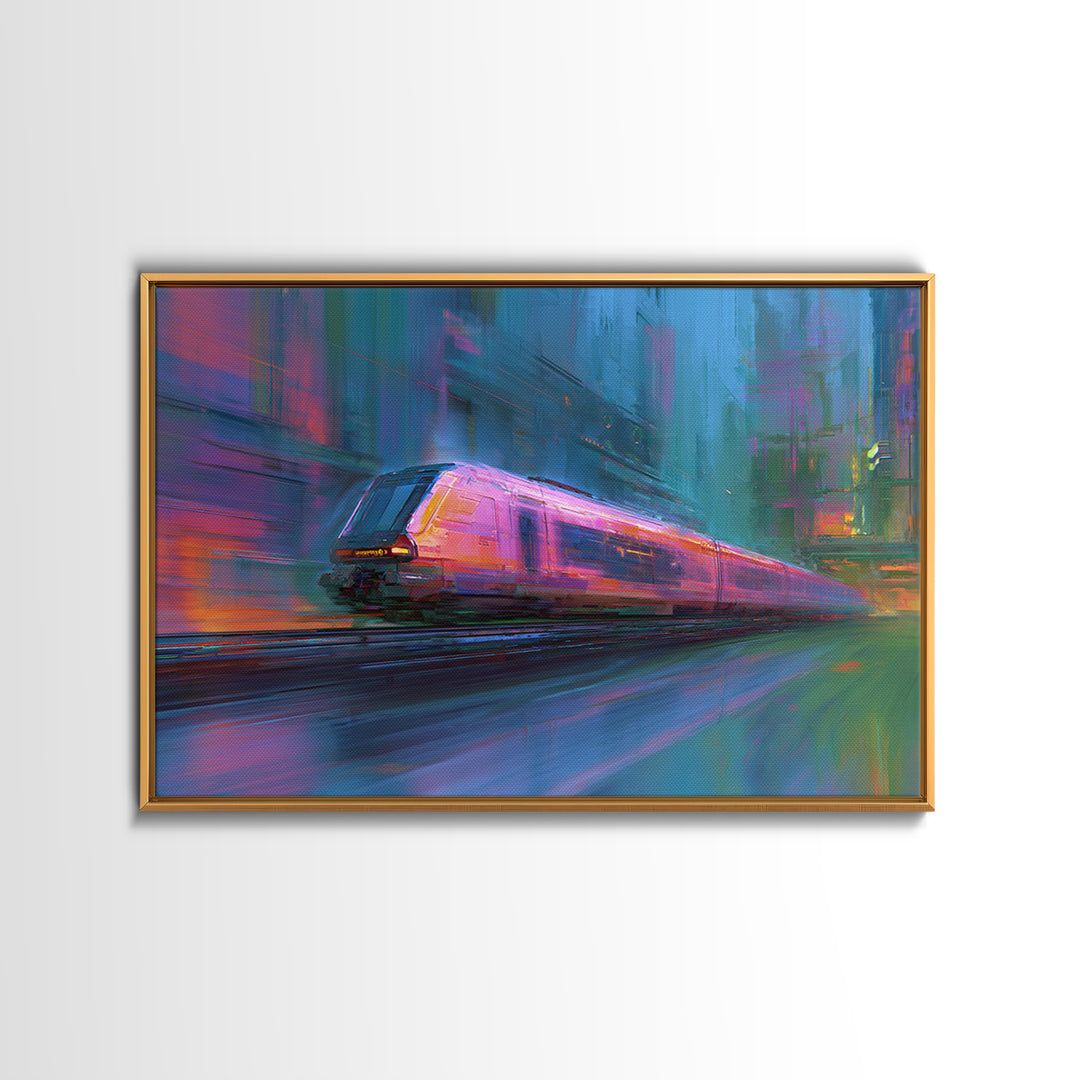 City Train Rushing Through Pink Electric Haze Canvas Print, Cyberpunk Art, Boho Decor, Living Room Decor, Oil Painting, Neon, CYB-3x2-89