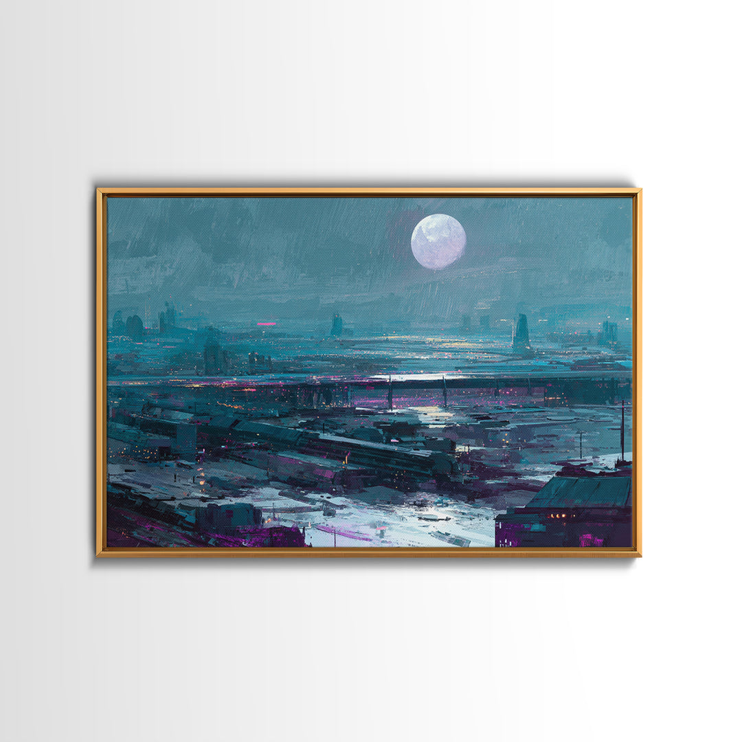 Dystopian Moon over Dense Rooftops Canvas Print, Cyberpunk Art, Cyberpunk Helmet, Living Room Decor, Abstract Art, Neon, CYB-3x2-94