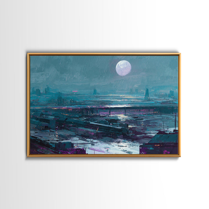 Dystopian Moon over Dense Rooftops Canvas Print, Cyberpunk Art, Cyberpunk Helmet, Living Room Decor, Abstract Art, Neon, CYB-3x2-94
