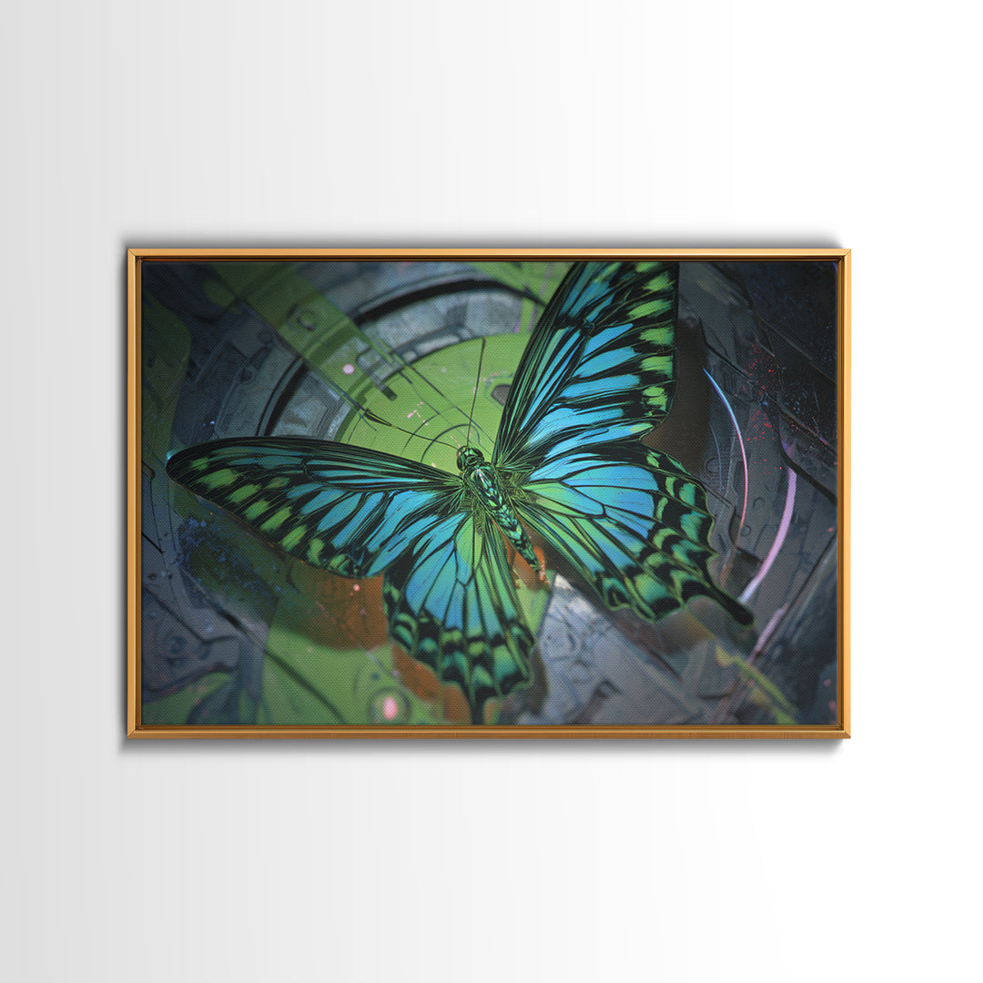 Holographic Butterfly over Black Metal Surface Framed Canvas Print, Cyberpunk Art, Gothic Decor, Living Room Decor, CYB-3x2-95