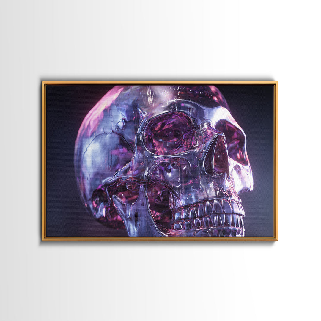 Cyberpunk Skull with Chrome and Violet Light Framed Canvas Print, Cyberpunk Art, Art Print, Living Room Decor, Fine Art, Neon, CYB-3x2-96