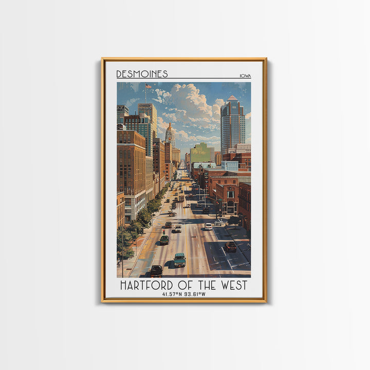 Des Moines Travel Poster, Framed Canvas Print, Travel Wall Decor, Minimalist Poster, Landscape Art, City Illustration, Travel Prints