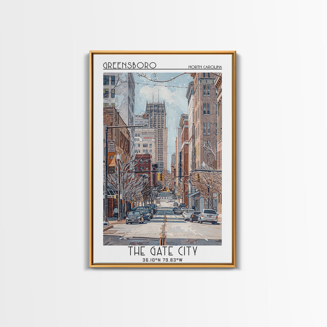 Greensboro Travel Poster, Framed Canvas Print, Retro Wall Art, Travel Print, Vintage Travel, Vintage Travel Print, City Illustration