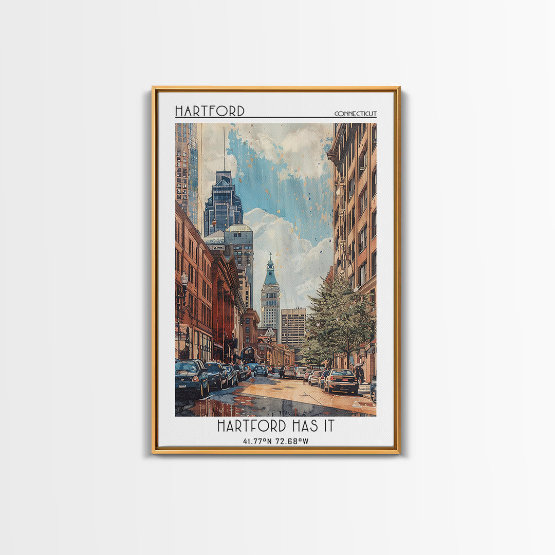 Hartford Travel Poster, Framed Canvas Print, Retro Travel Poster, City Wall Art, Vintage Travel Print, Poster Print, Wanderlust Gift