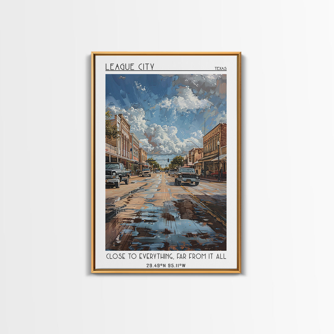 League City Travel Poster, Framed Canvas Print, Travel Art Print, Modern Wall Decor, Home Decor, Mid Century Wall Art, Landscape Art