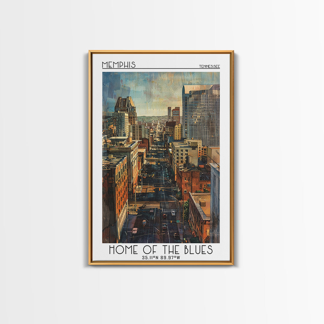 Memphis Travel Poster, Framed Canvas Print, City Art Print, Travel Wall Art, Travel Print, Watercolor Cityscape, Retro Travel Poster