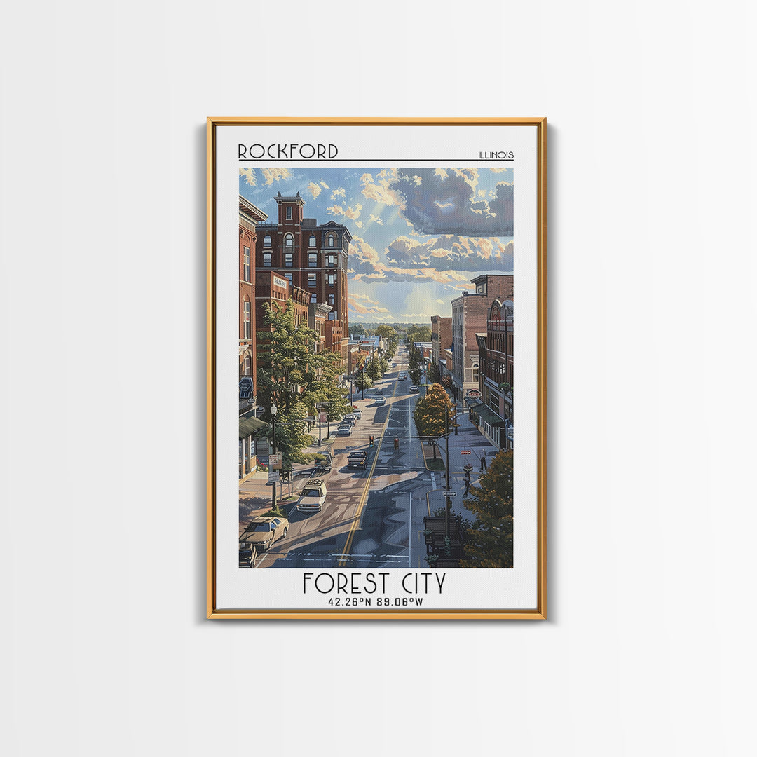Rockford Travel Poster, Framed Canvas Print, Travel Wall Decor, Minimalist Poster, Travel Wall Art, Travel Prints, City Illustration