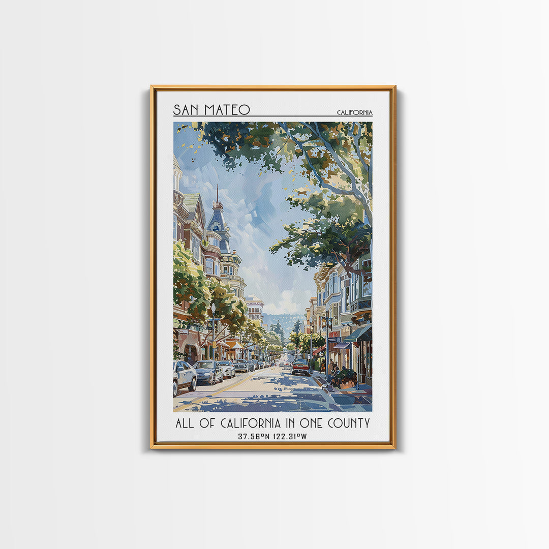 San Mateo Travel Poster, Canvas Print, Retro Wall Art, Travel Print, Fine Art Print, Watercolor Cityscape, Poster Art, Landscape Art