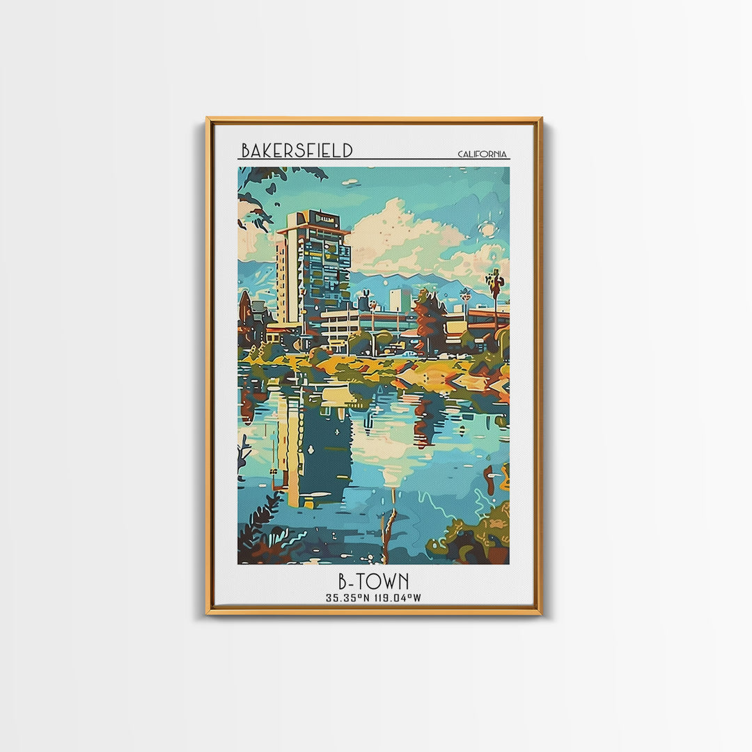 Bakersfield Travel Poster, Framed Canvas Print, Travel Prints, Landscape Art, Retro Wall Art, Vintage Travel Art, City Travel Poster