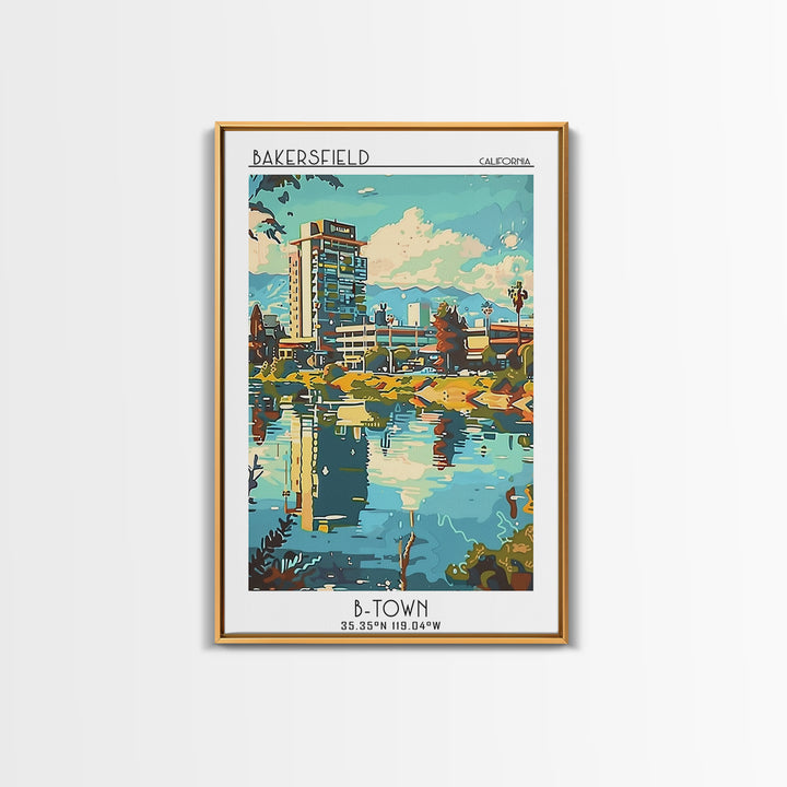 Bakersfield Travel Poster, Framed Canvas Print, Travel Prints, Landscape Art, Retro Wall Art, Vintage Travel Art, City Travel Poster