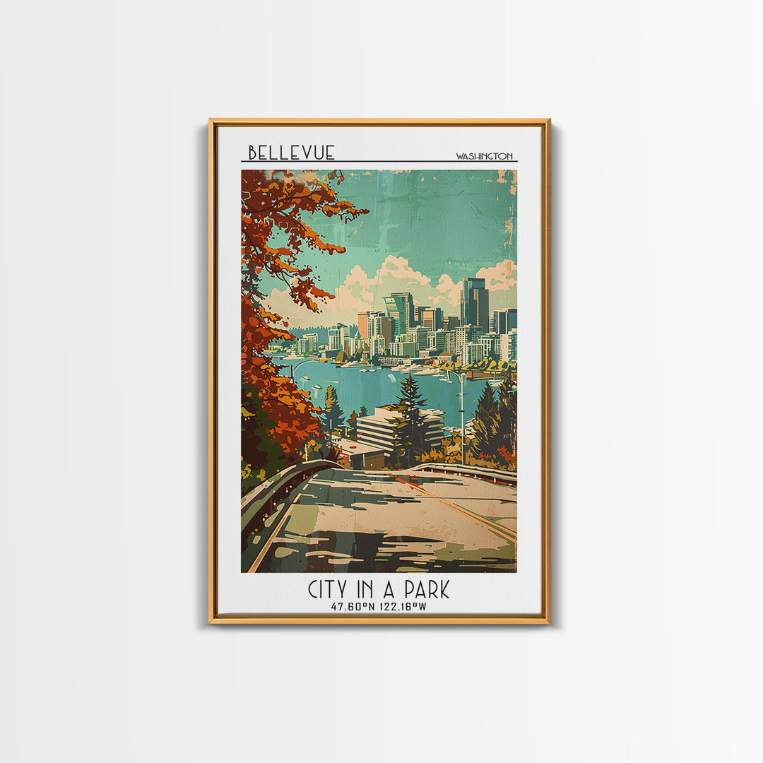 Bellevue Travel Poster, Framed Canvas Print, Retro Wall Art, Travel Print, City Travel Poster, Colorful Wall Art, Retro Travel Print