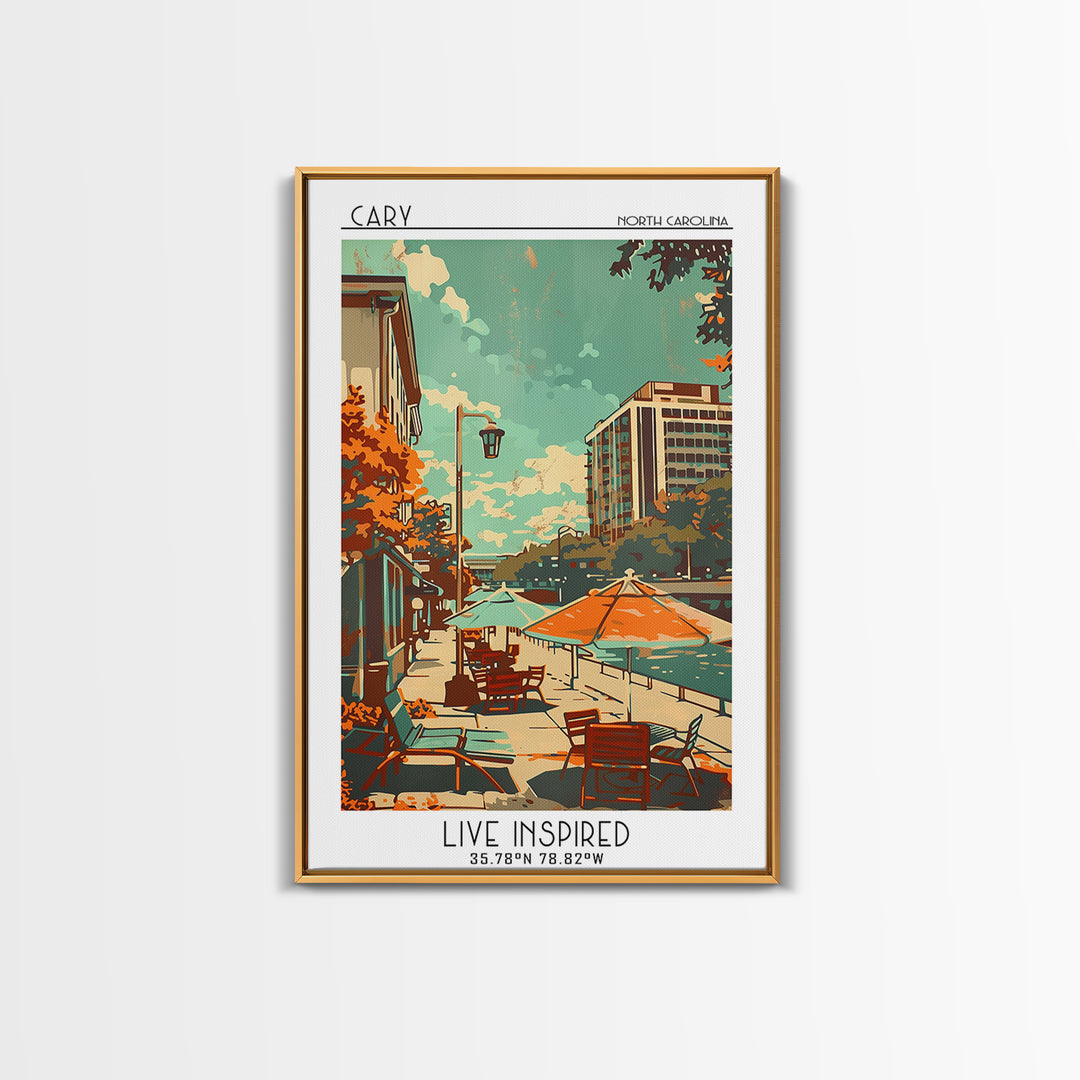 Cary North Carolina Travel Poster, Framed Canvas Print, Retro Wall Art, Travel Print, Art Print, Home Office Decor, Travel Art Print