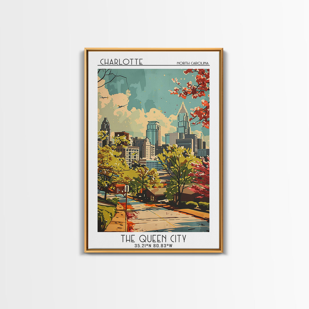 Charlotte North Carolina Travel Poster, Framed Canvas Print, Retro Wall Art, Travel Print, Fine Art Print, Wall Art, Travel Wall Art