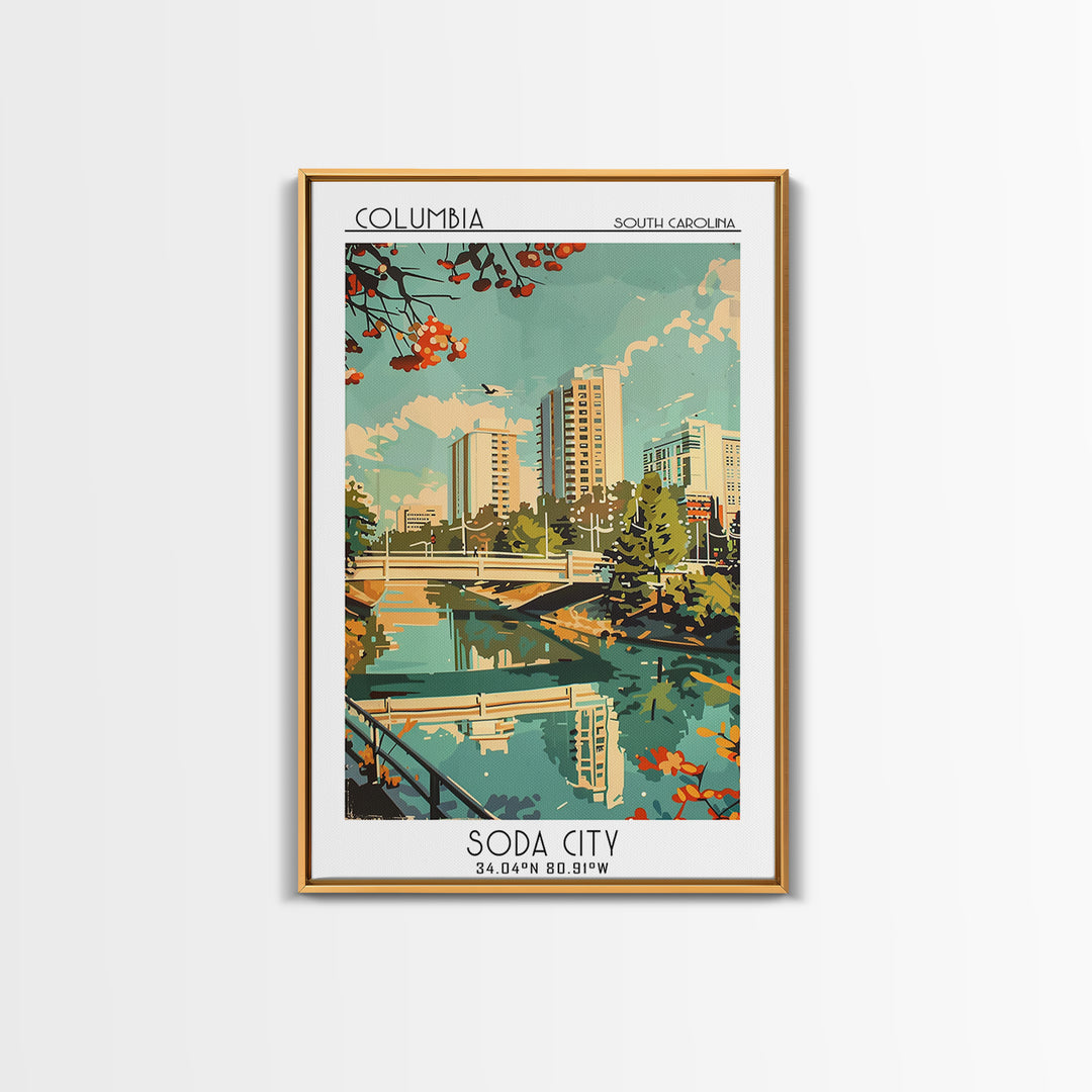 Columbia South Carolina Travel Poster, Framed Canvas Print, City Travel Poster, Travel Wall Decor, Colorful Wall Art, City Art Print