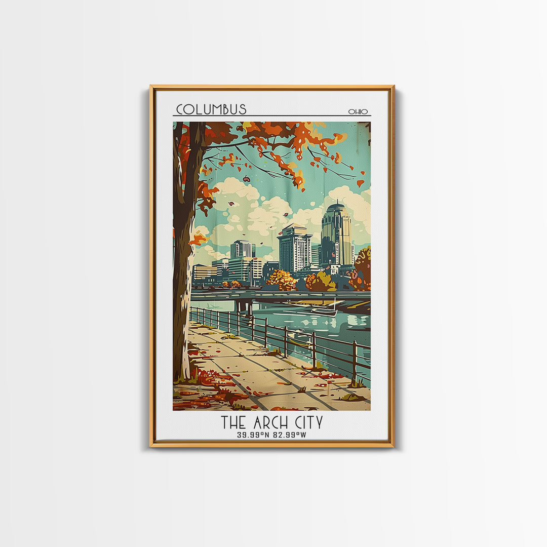 Columbus Ohio Travel Poster, Framed Canvas Print, Travel Art Print, Modern Wall Decor, Colorful Wall Art, Wanderlust Gift, Art Print