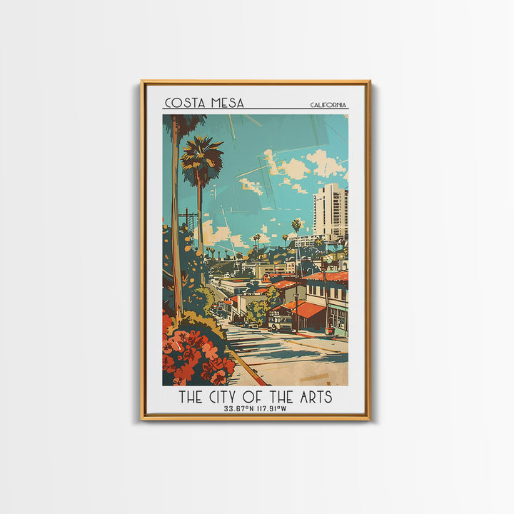 Costa Mesa California Travel Poster, Framed Canvas Print, Travel Prints, Landscape Art, Retro Wall Art, Art Print, City Illustration