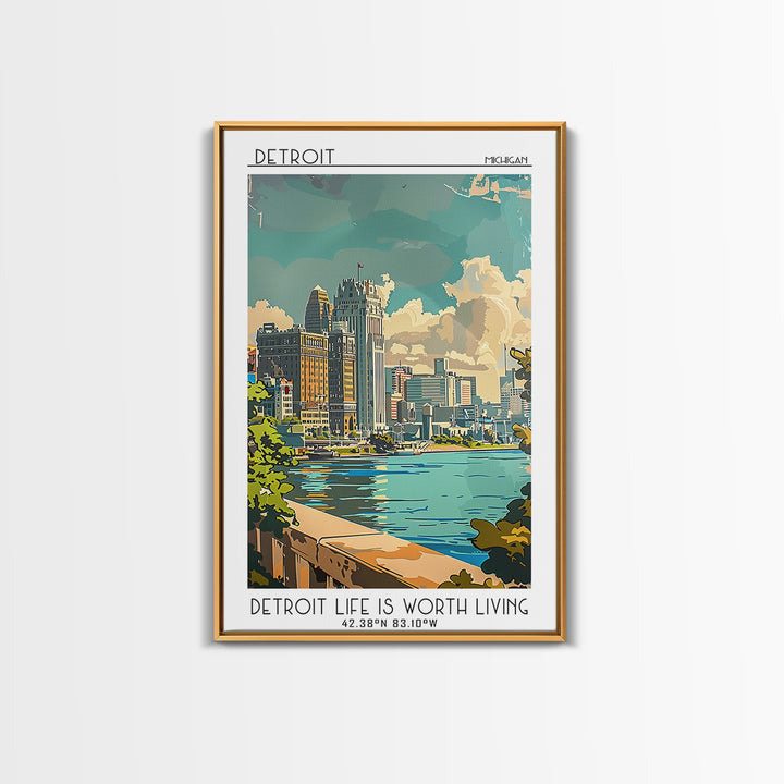 Detroit Michigan Travel Poster, Framed Canvas Print, Retro Travel Poster, City Wall Art, Travel Wall Art, Poster Print, Travel Decor