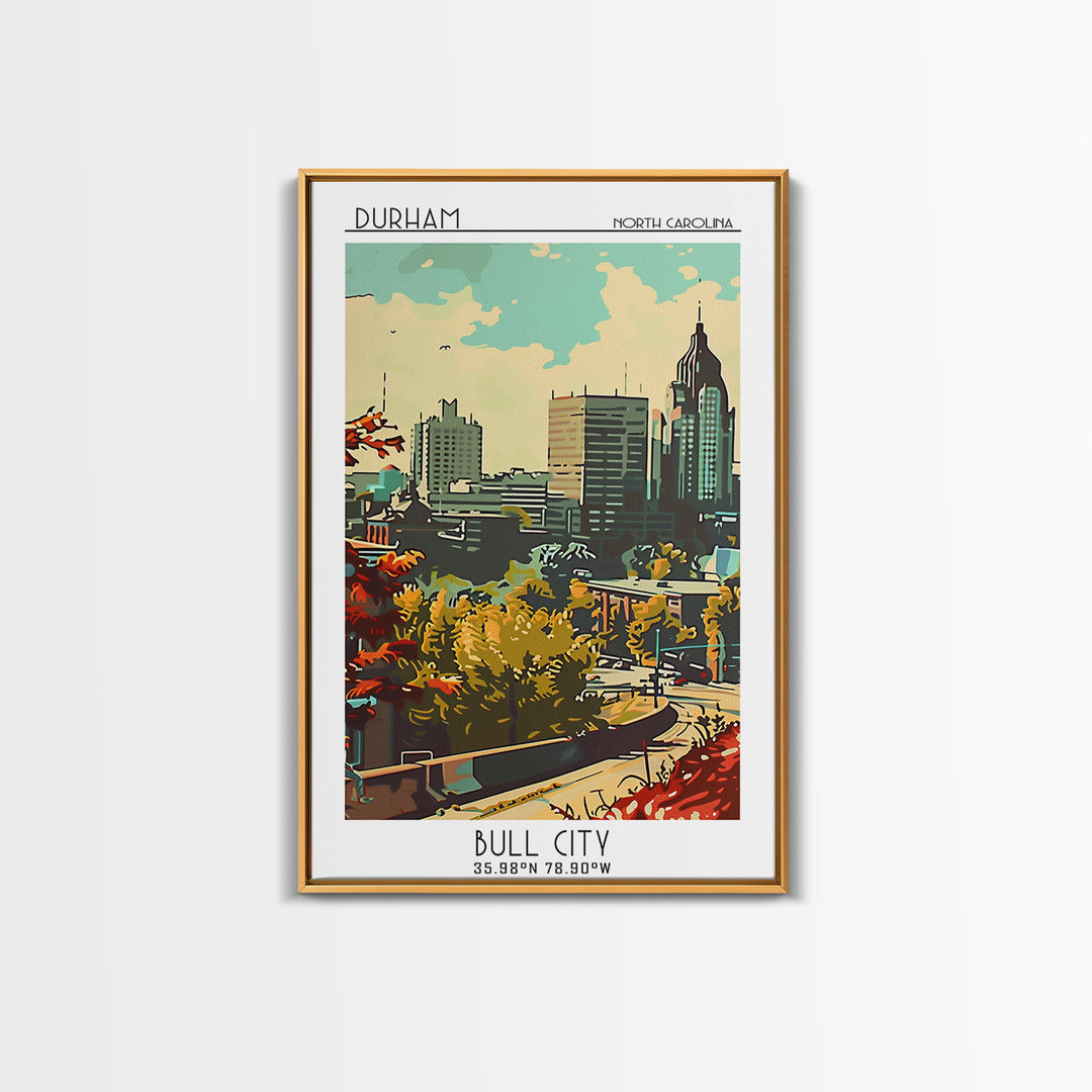 Durham Travel Poster, Framed Canvas Print, Travel Wall Art, City Wall Art, Watercolor Cityscape, Modern Wall Decor, Gallery Wall Set