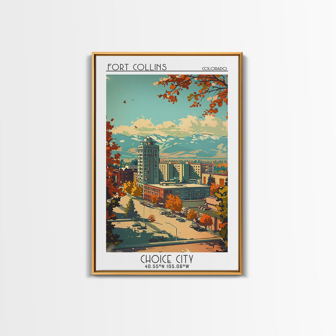 Fort Collins Travel Poster, Framed Canvas Print, Vintage Travel Print, City Wall Art, Vintage Posters, Travel Prints, City Art Print