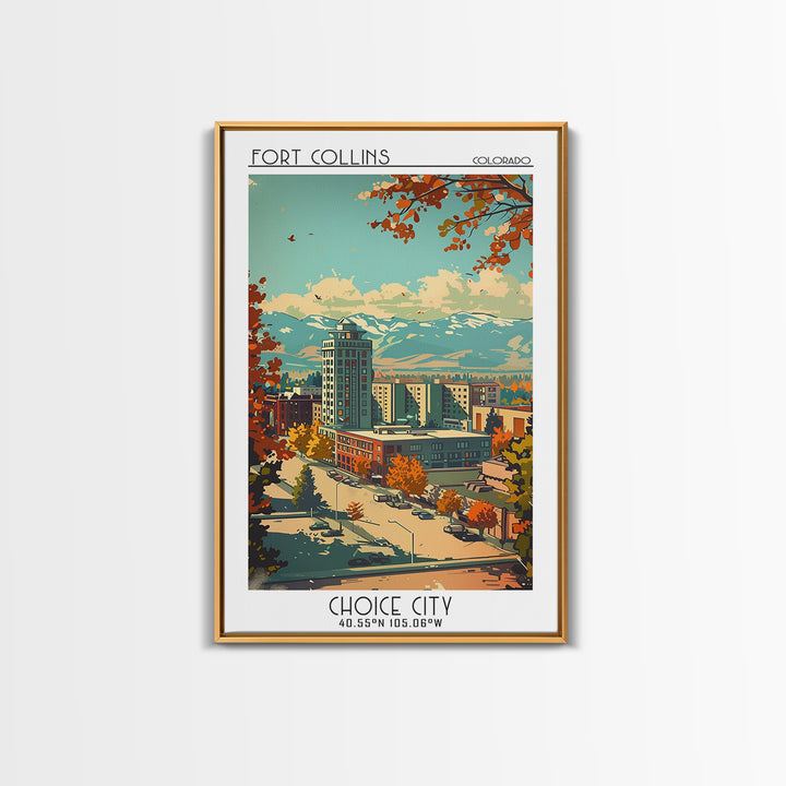 Fort Collins Travel Poster, Framed Canvas Print, Vintage Travel Print, City Wall Art, Vintage Posters, Travel Prints, City Art Print