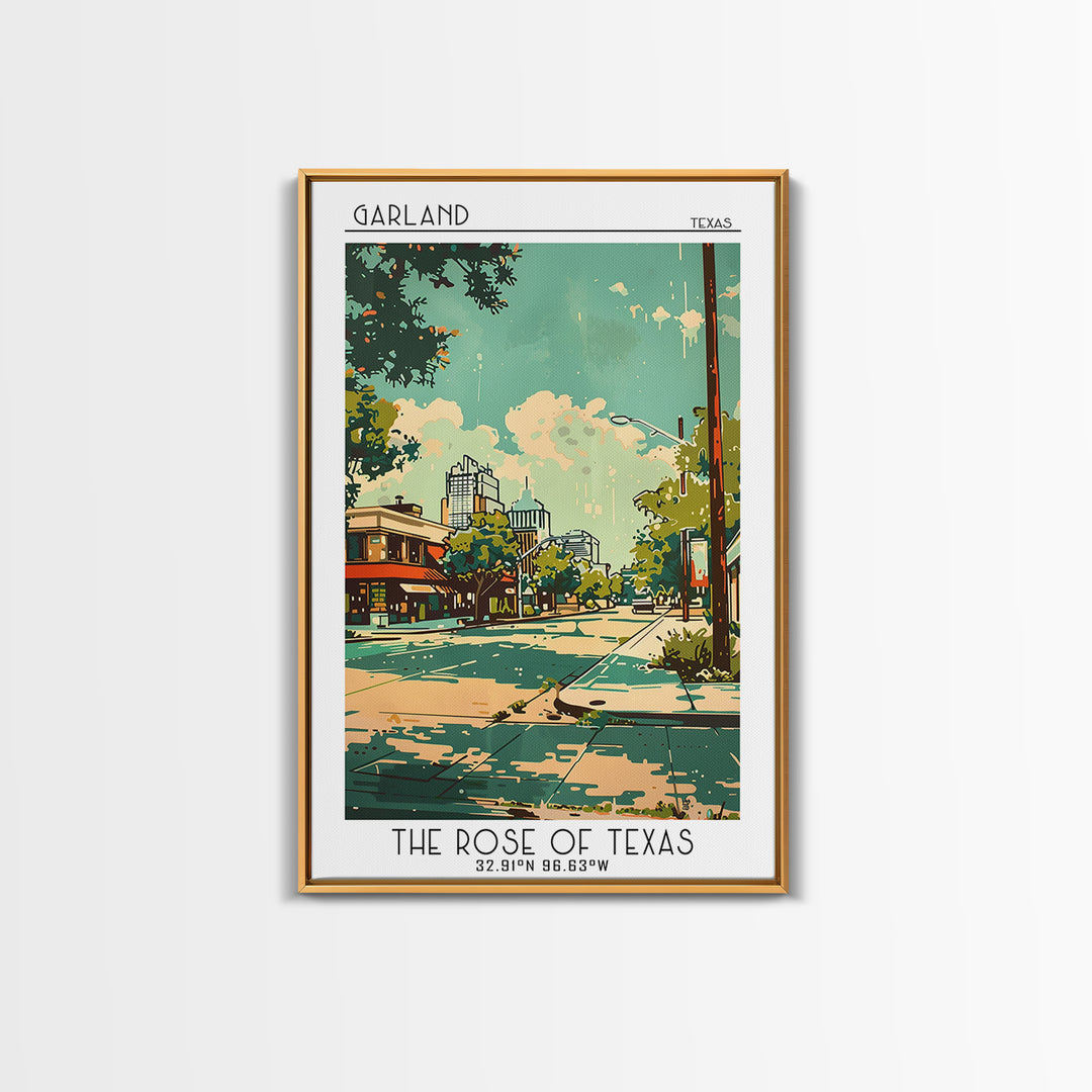 Garland Texas Travel Poster, Framed Canvas Print, Retro Travel Poster, City Wall Art, Wanderlust Gift, Vintage Travel, Landscape Art