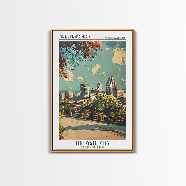 Greensboro Travel Poster, Framed Canvas Print, Retro Wall Art, Travel Print, Living Room Wall Art, Minimalist Poster, Fine Art Print