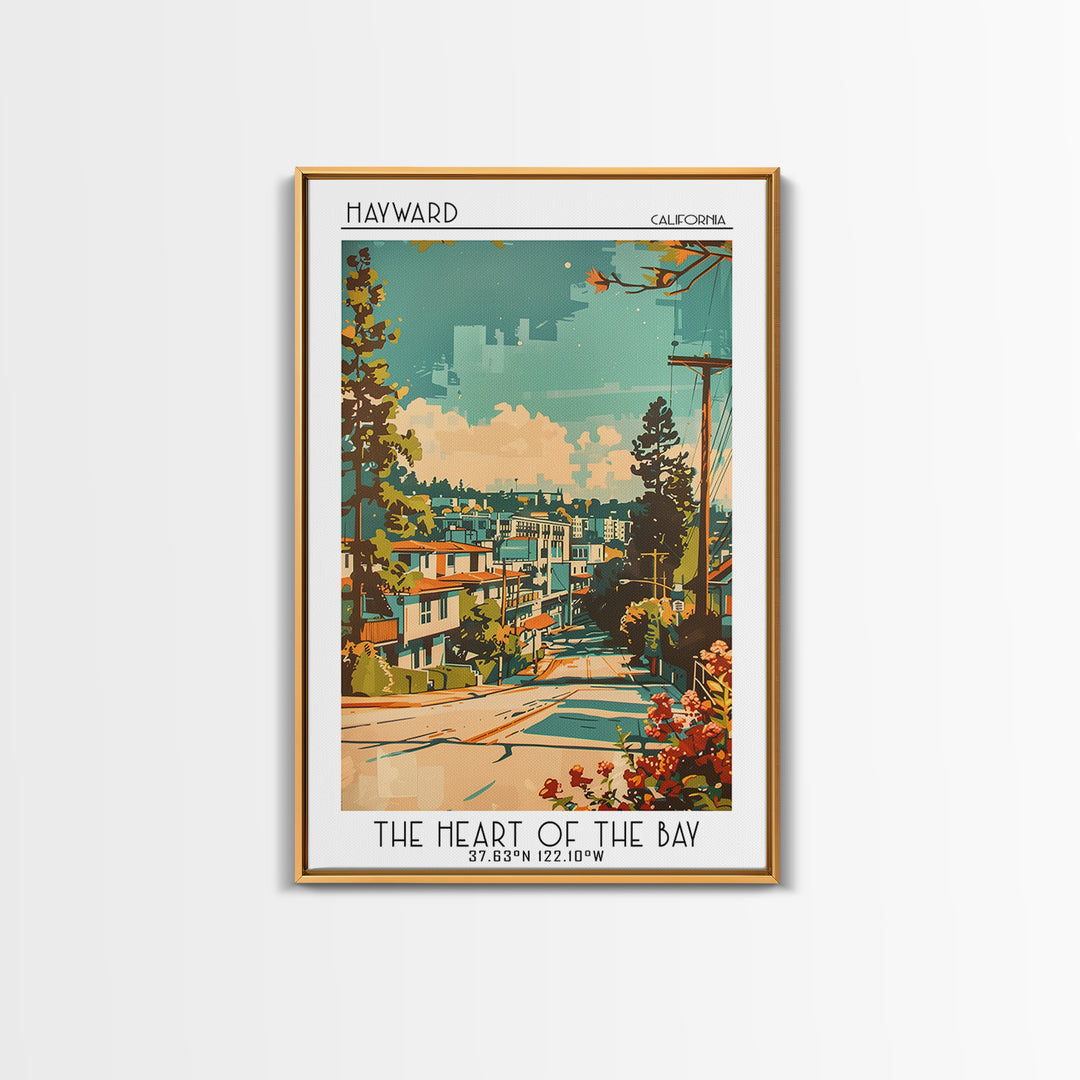 Hayward Travel Poster, Framed Canvas Print, Retro Travel Poster, City Wall Art, Landscape Art, Vintage Travel Art, City Illustration
