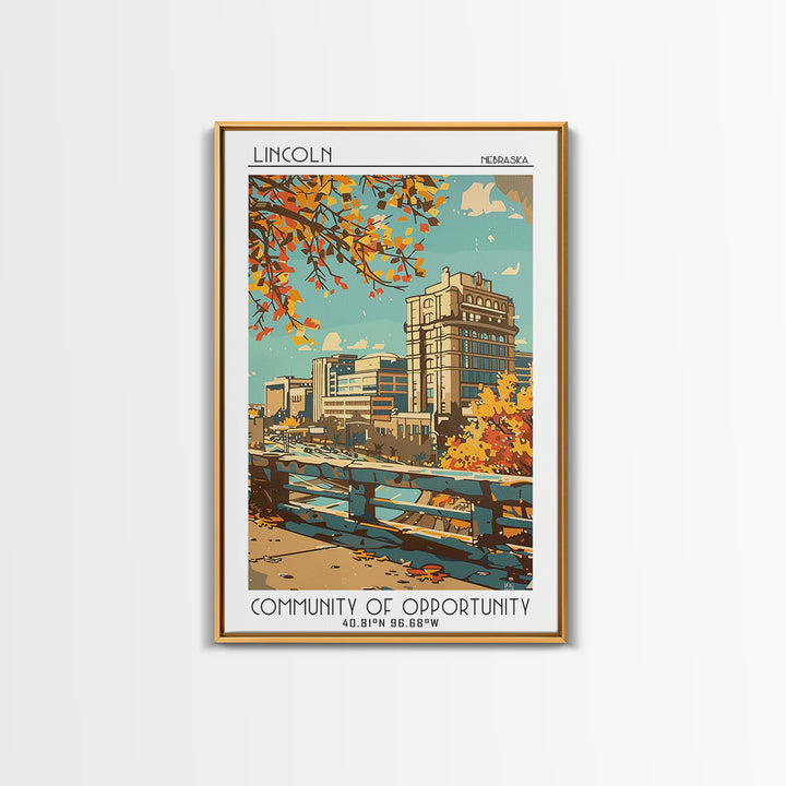 Lincoln Nebraska Travel Poster, Canvas Print, Travel Prints, Landscape Art, Living Room Wall Art, Travel Print, Mid Century Wall Art