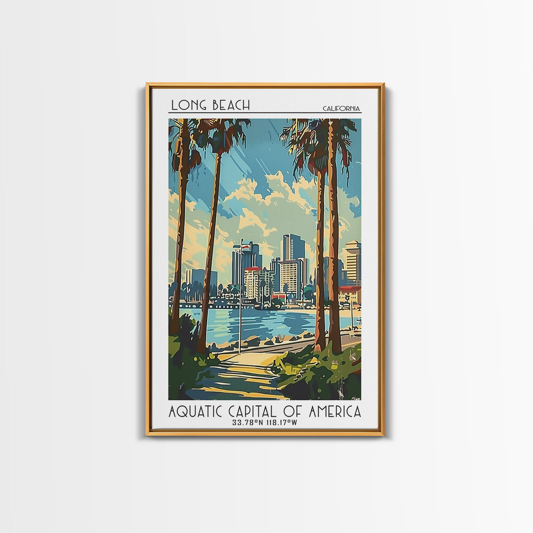 Long Beach Travel Poster, Framed Canvas Print, Travel Wall Art, City Wall Art, Vintage Travel, Living Room Wall Art, Wanderlust Gift