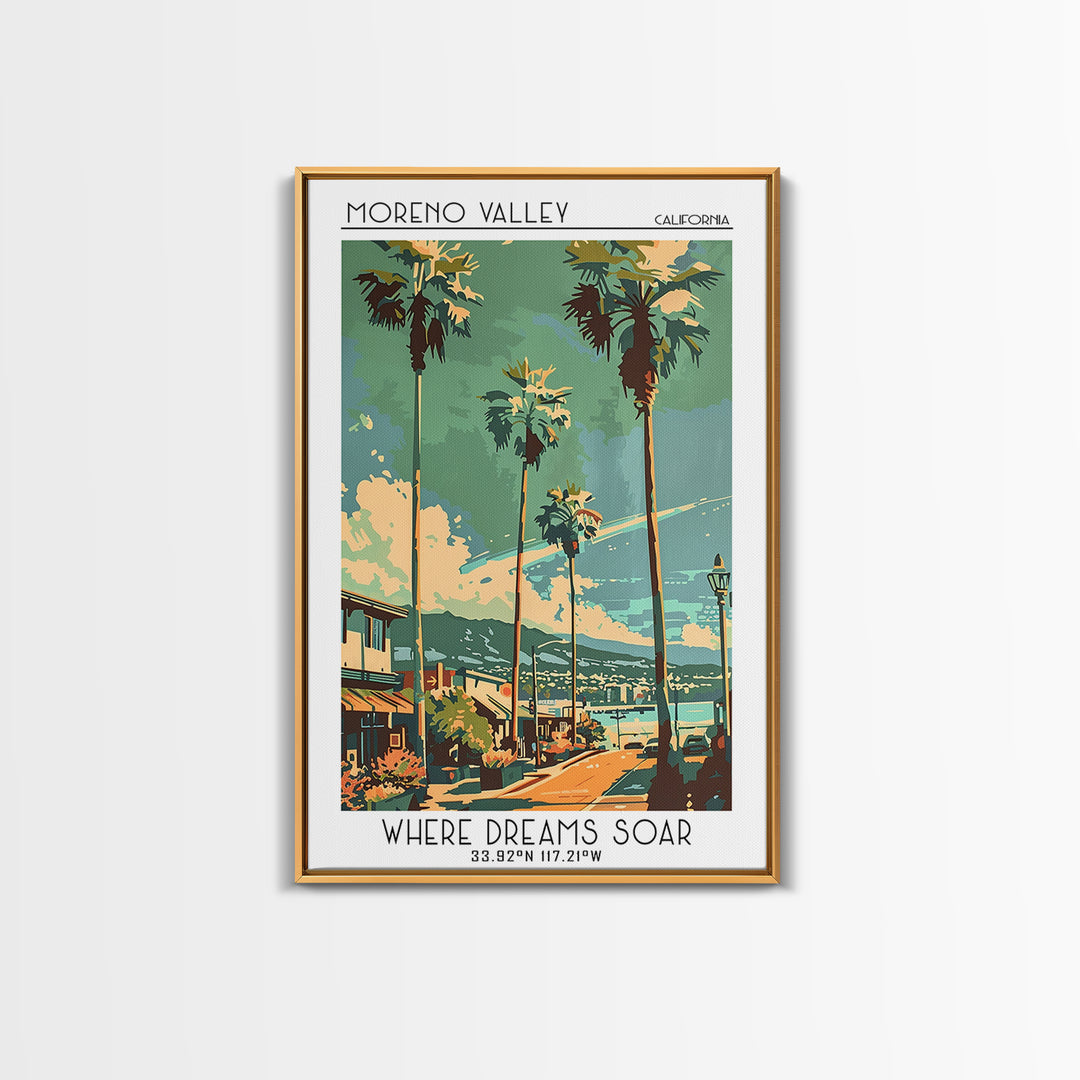 Moreno Valley California Travel Poster, Framed Canvas Print, Travel Wall Art, City Wall Art, Living Room Wall Art, City Illustration
