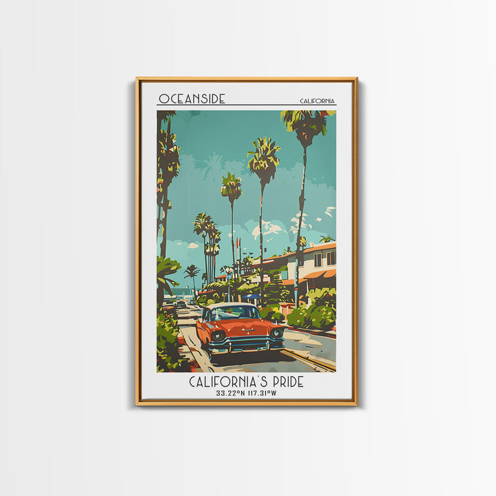Oceanside Travel Poster, Framed Canvas Print, Travel Prints, Landscape Art, Wanderlust Gift, Mid Century Wall Art, Minimalist Poster
