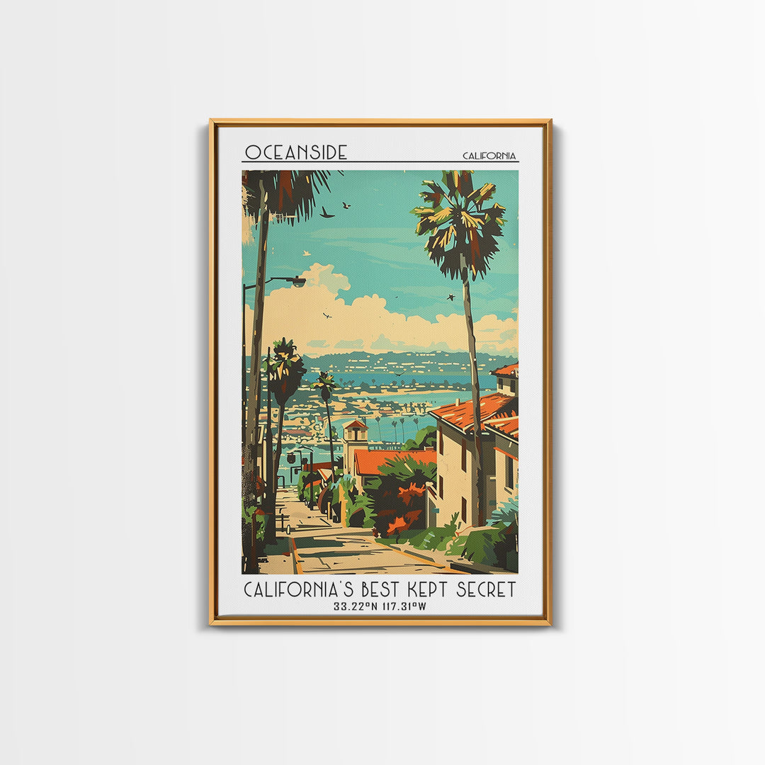 Oceanside California Travel Poster, Framed Canvas Print, Retro Travel Poster, City Wall Art, Home Decor, Landscape Art, Travel Decor