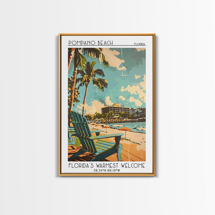 Pompano Beach Travel Poster, Framed Canvas Print, Retro Wall Art, Travel Print, City Illustration, Minimalist Poster, Vintage Travel