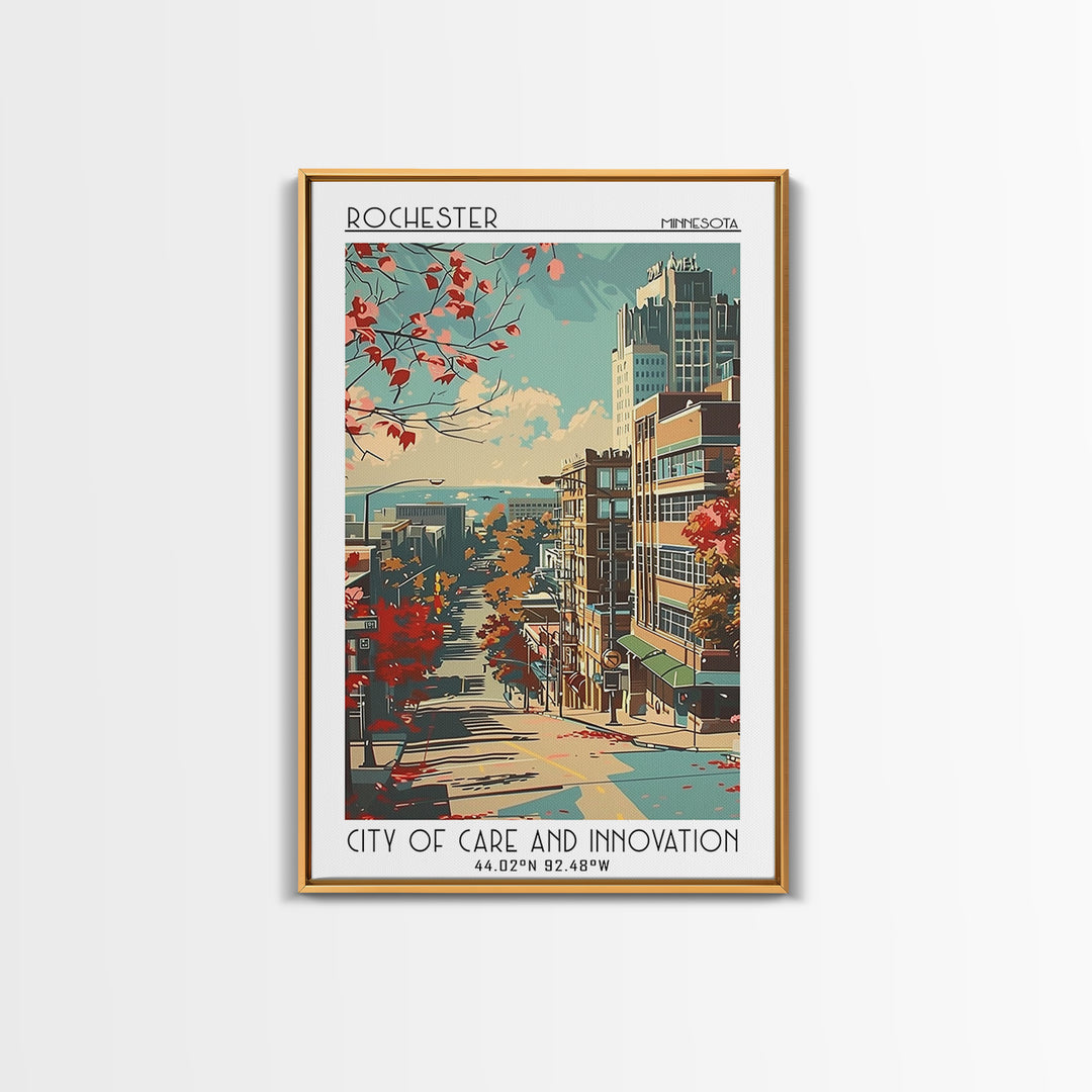 Rochester Minnesota Travel Poster, Framed Canvas Print, Retro Wall Art, Travel Print, Mid Century Wall Art, Fine Art Print, Wall Art