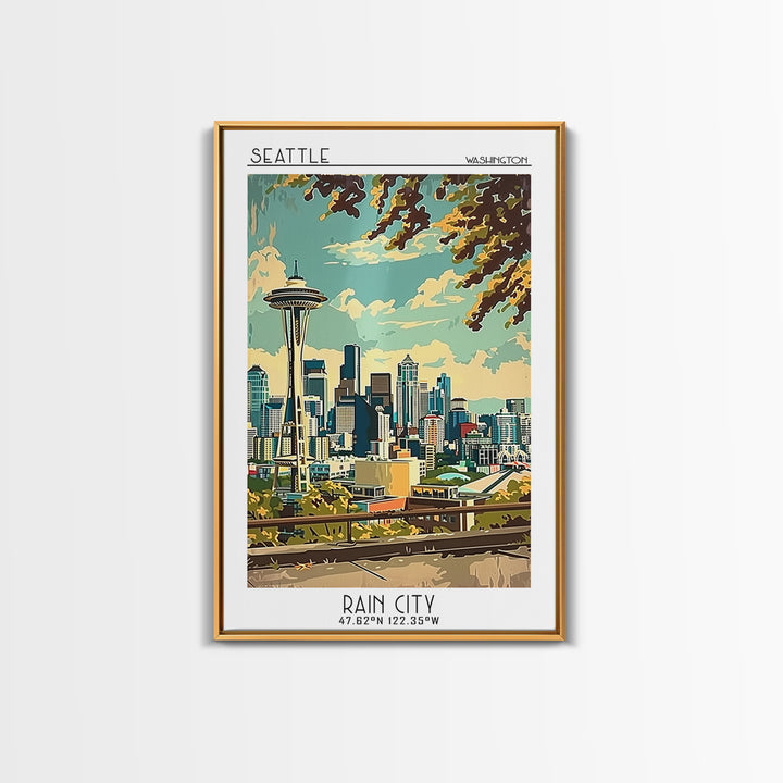 Seattle Washington Travel Poster, Canvas Print, City Travel Poster, Travel Wall Art, Retro Wall Art, Colorful Wall Art, Travel Decor