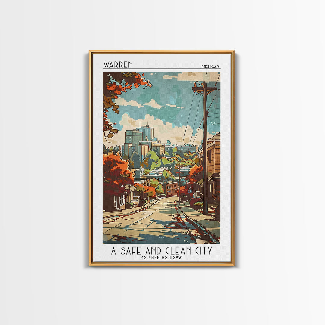 Warren Michigan Travel Poster, Framed Canvas Print, Vintage Travel Print, City Wall Art, Poster Print, Retro Travel Poster, Wall Art