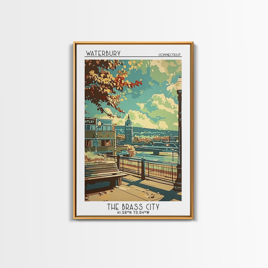 Waterbury Travel Poster, Framed Canvas Print, City Art Print, Travel Wall Art, Travel Art Print, Watercolor Cityscape, Landscape Art
