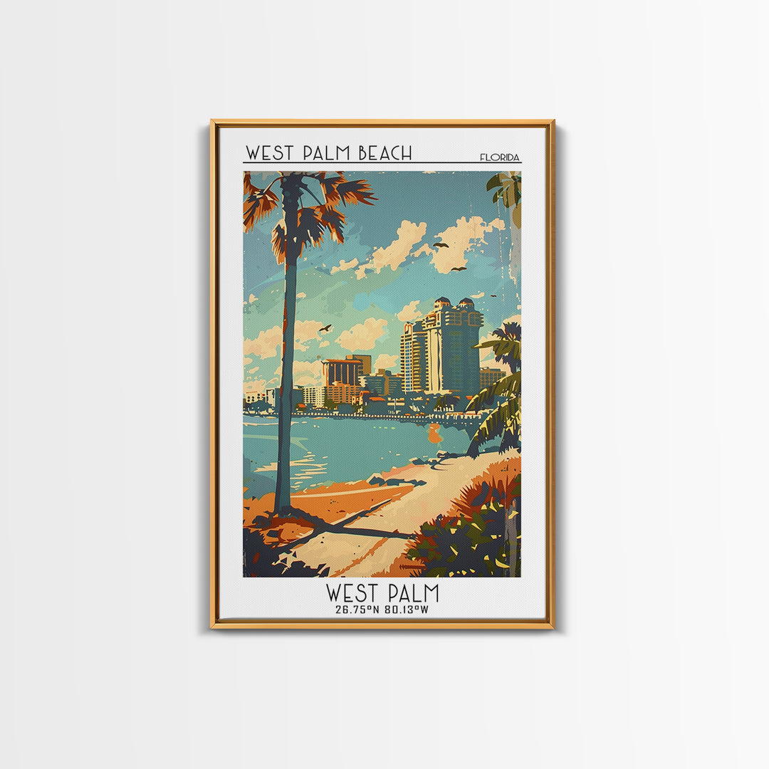 West Palm Beach Florida Travel Poster, Framed Canvas Print, City Travel Poster, Travel Wall Decor, Modern Wall Decor, Retro Wall Art