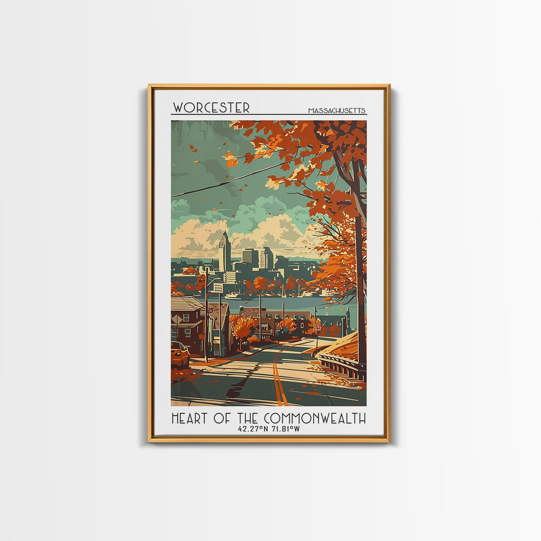 Worcester Massachusetts Travel Poster, Framed Canvas Print, Travel Prints, Landscape Art, Watercolor Cityscape, Mid Century Wall Art