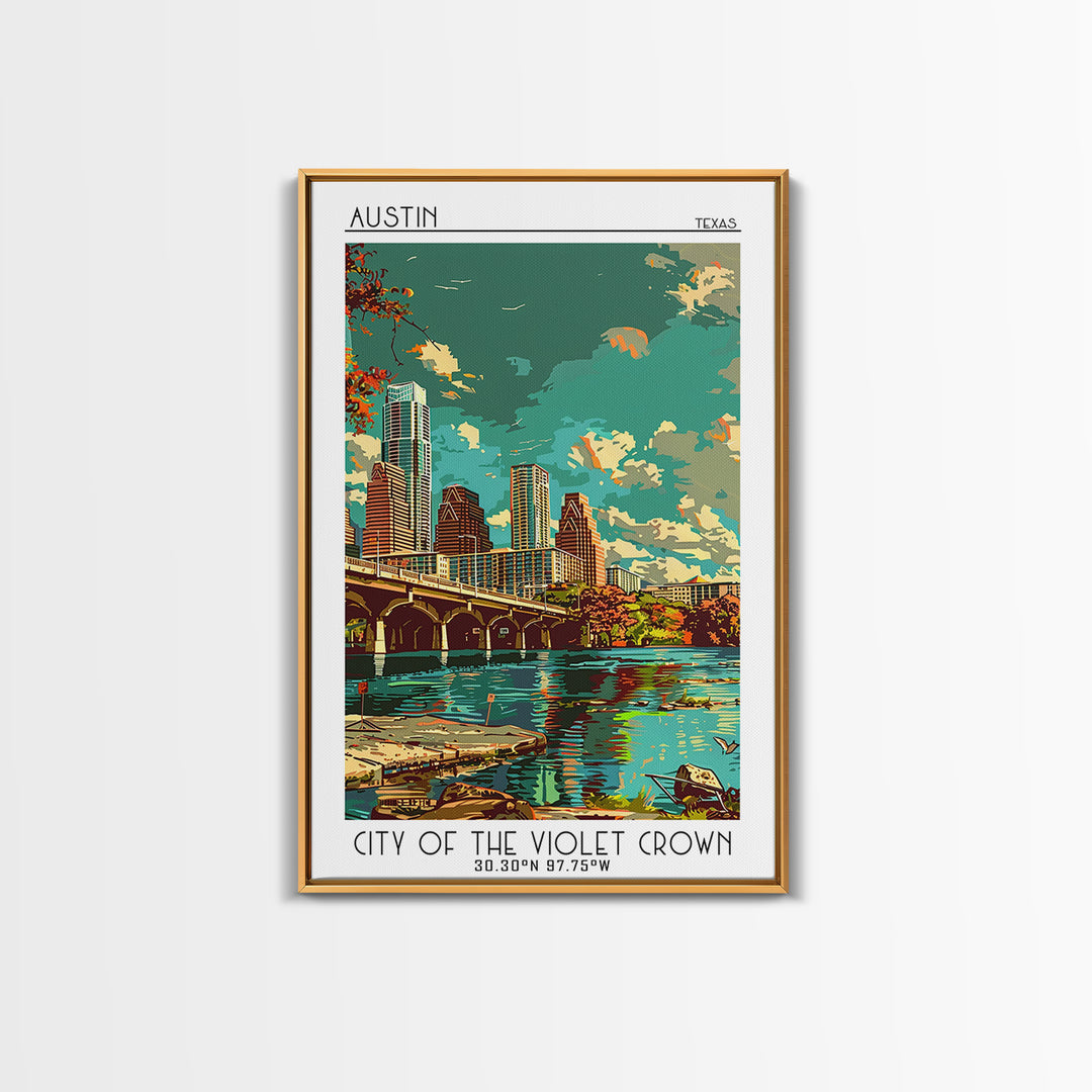 Austin Travel Poster, Framed Canvas Print, Travel Prints, Landscape Art, Travel Art Print, Home Office Decor, Wall Art, Travel Decor