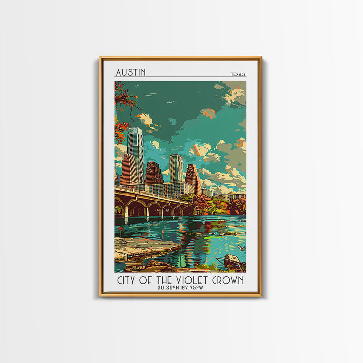 Austin Travel Poster, Framed Canvas Print, Travel Prints, Landscape Art, Travel Art Print, Home Office Decor, Wall Art, Travel Decor