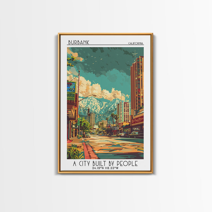 Burbank Travel Poster, Canvas Print, Retro Wall Art, Travel Print, Colorful Wall Art, City Illustration, Poster Print, Travel Prints