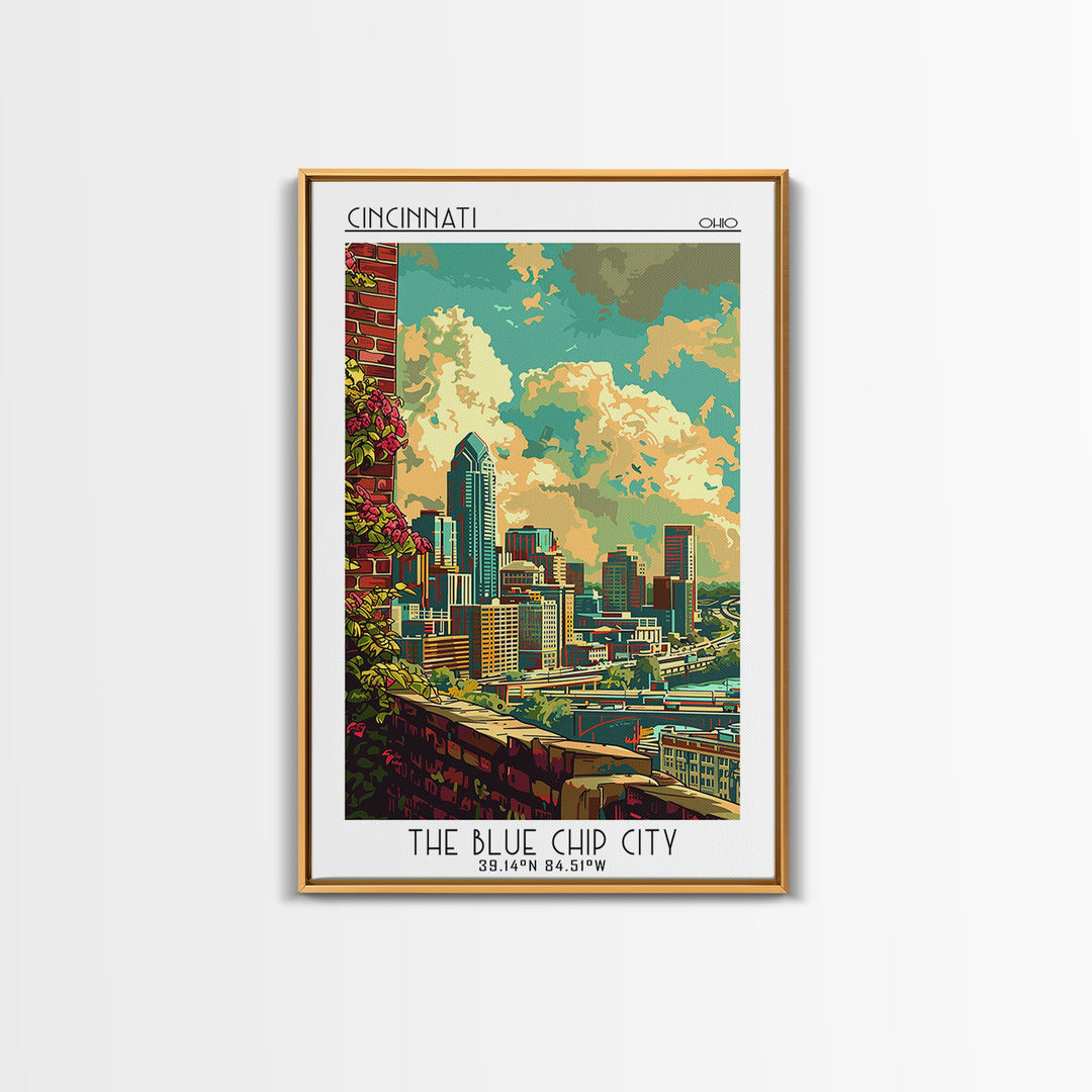 Cincinnati Travel Poster, Canvas Print, Retro Travel Poster, City Wall Art, Mid Century Wall Art, Travel Print, Watercolor Cityscape
