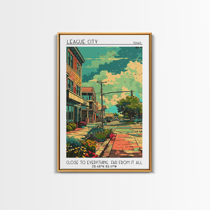 League City Travel Poster, Framed Canvas Print, City Art Print, Travel Wall Art, Landscape Art, Colorful Wall Art, City Illustration