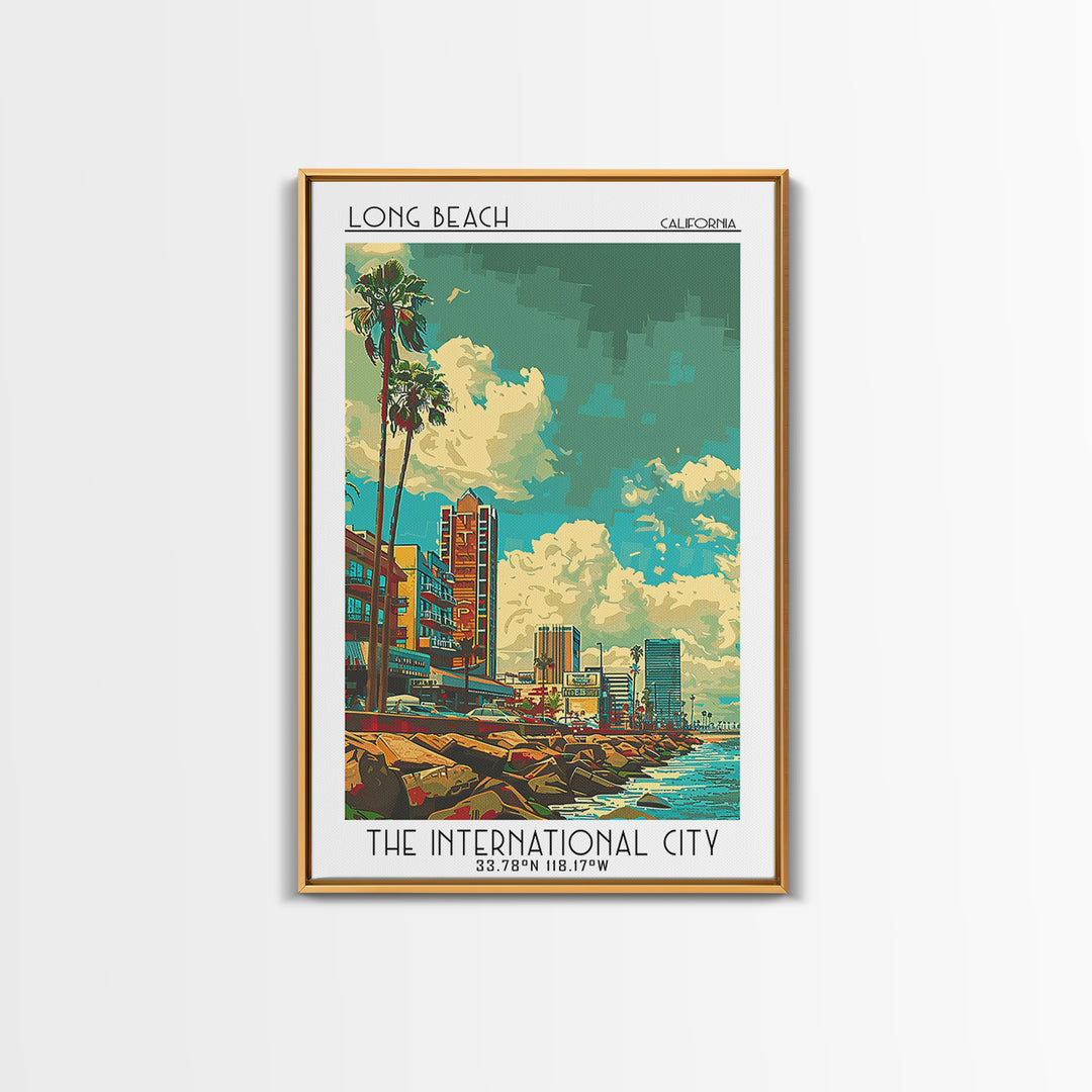 Long Beach Travel Poster, Framed Canvas Print, Travel Wall Art, City Wall Art, City Art Print, Vintage Posters, Mid Century Wall Art