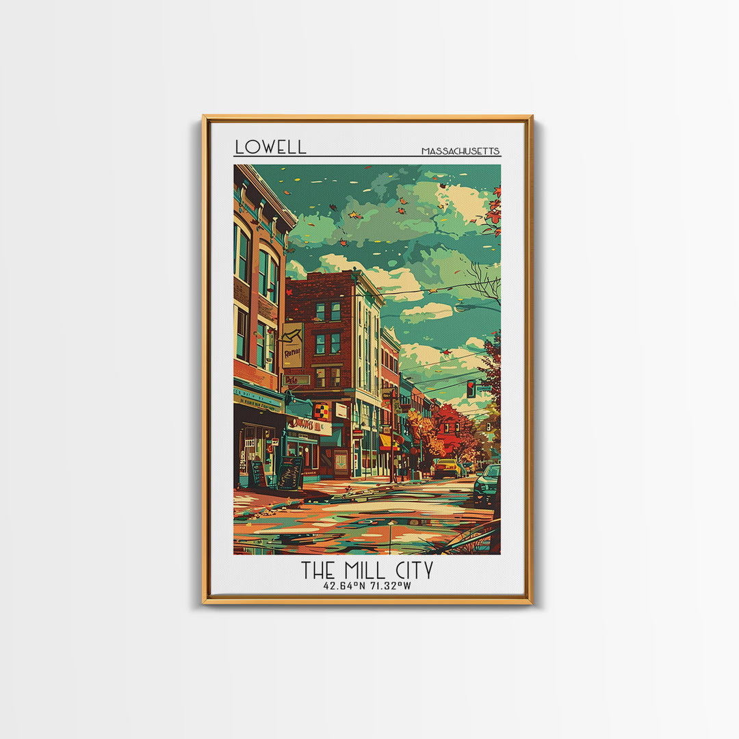 Lowell Travel Poster, Framed Canvas Print, Travel Art Print, Modern Wall Decor, Wall Art, Art Print, Travel Decor, Home Office Decor